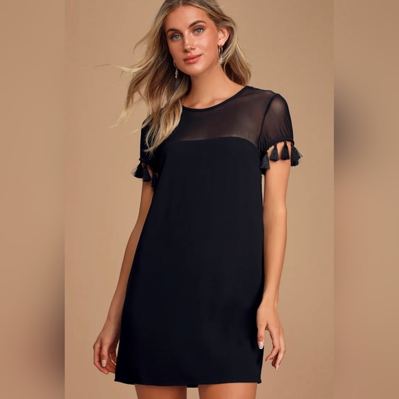 Lulus Dresses & Skirts - Lulus Iced Latte Black Tassel Sleeve Sheer Mini Dress Small